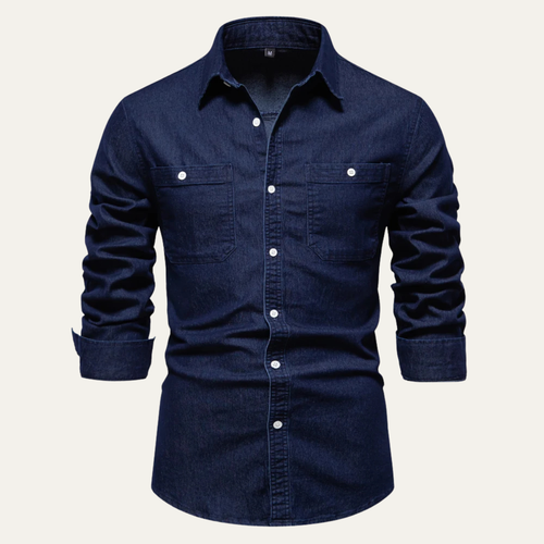Dama Washington Axel men's dark wash denim shirt double pocket long sleeve - front view