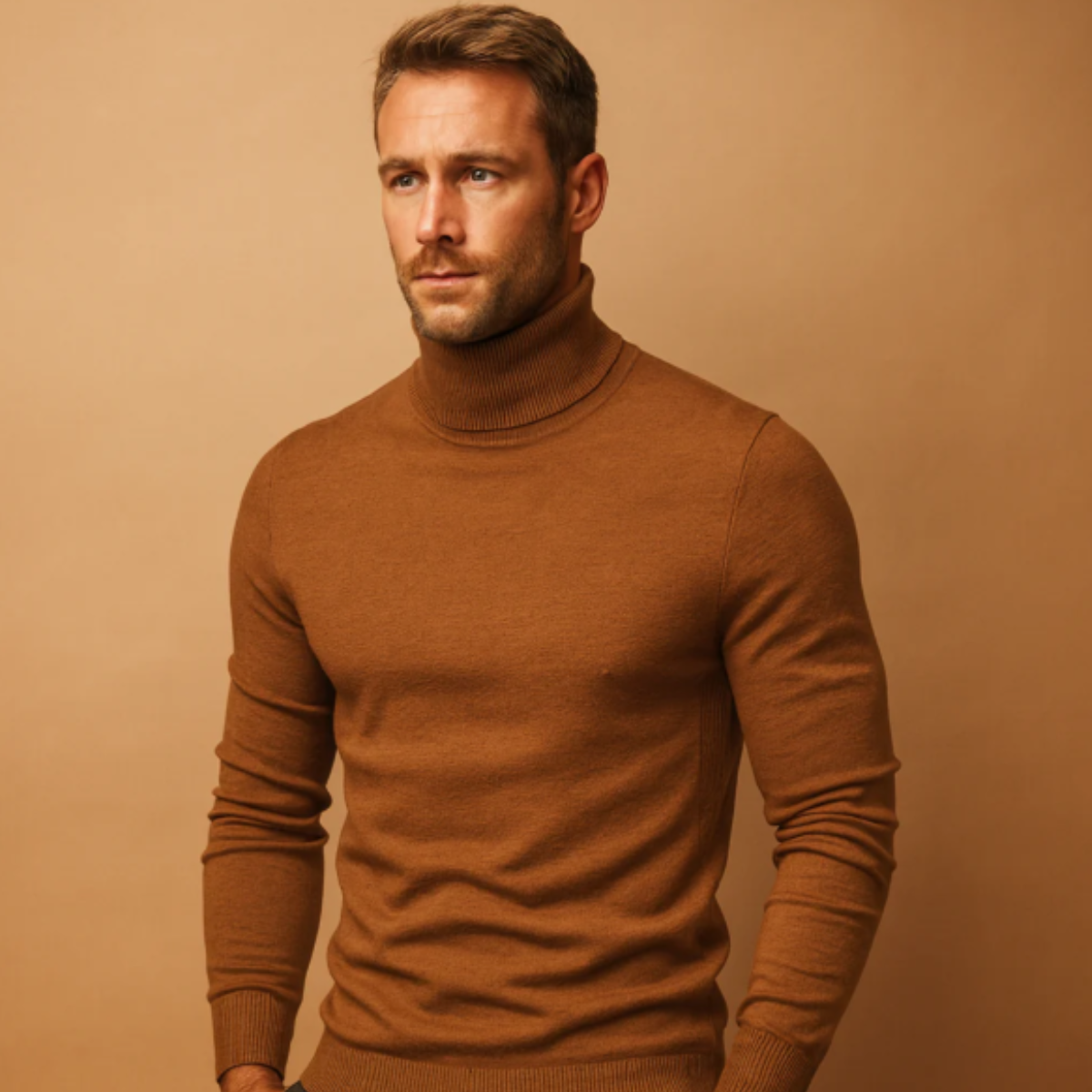 Rhys | Men's Turtleneck Sweater Brown Crew Neck Long Sleeve