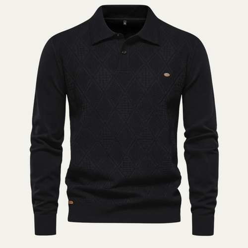 Dama Washington Axel men's quilted diamond pattern polo sweater black - front view