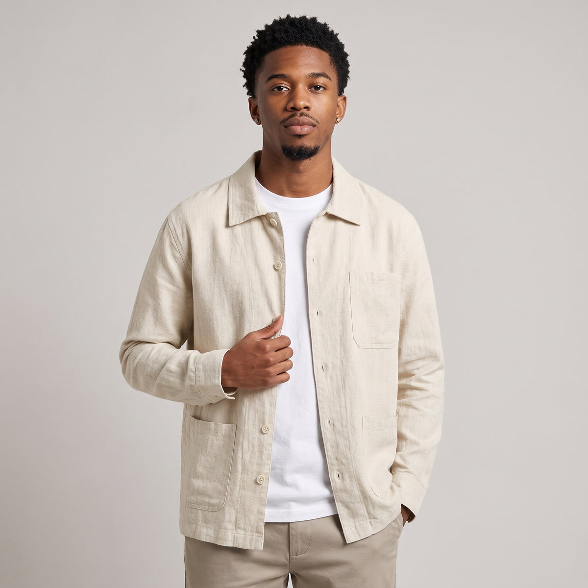 Dama Washington Hugo men's casual linen shirt jacket cream - model front view