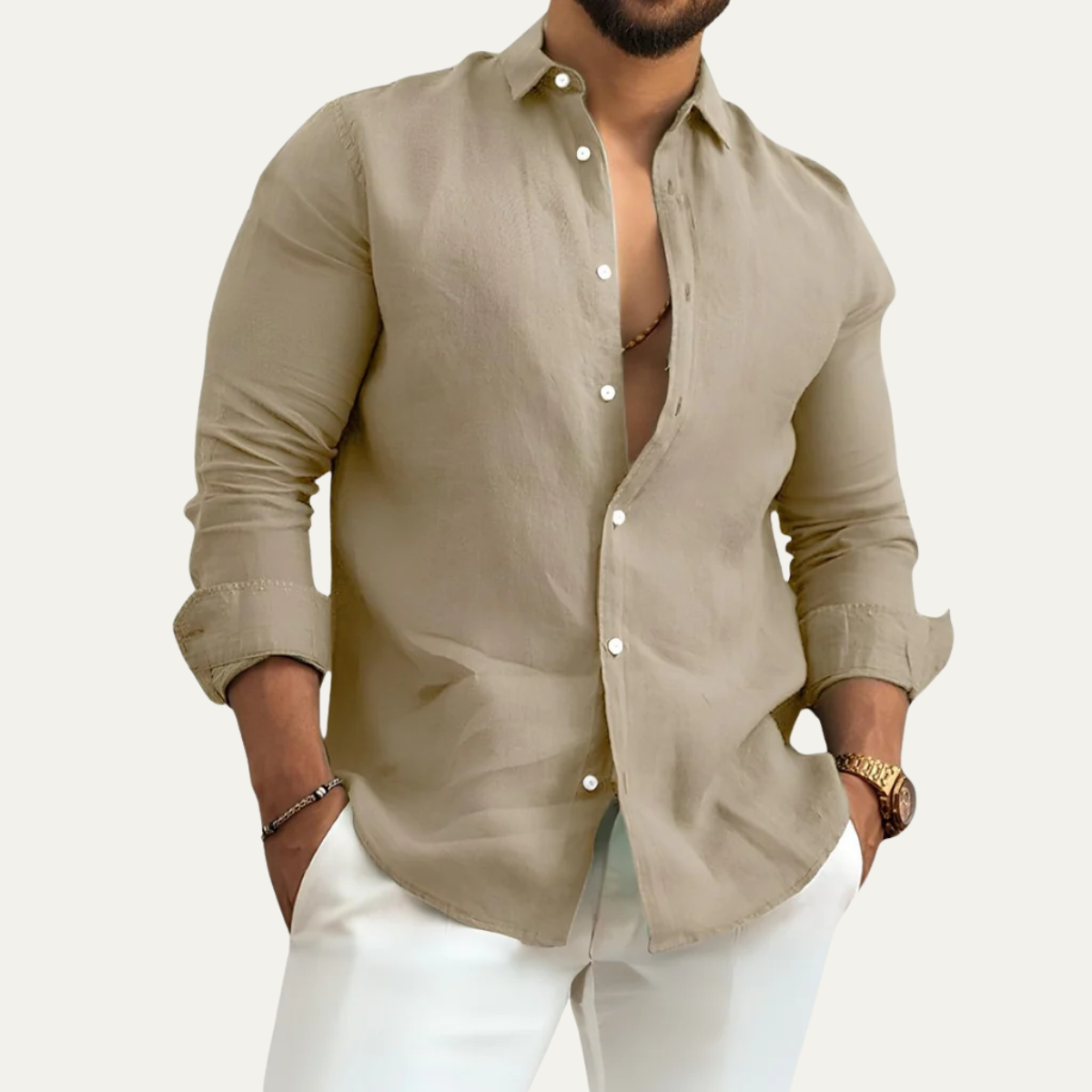 Luca | Men's Linen Button Up Shirt Cream Long Sleeve