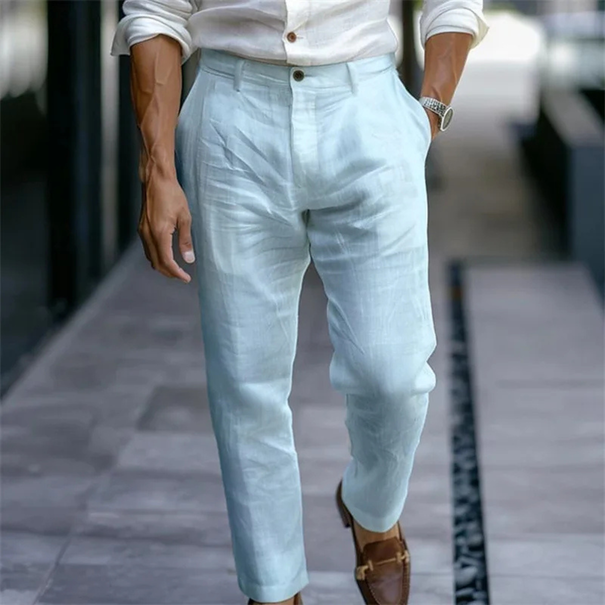 Rowan | Men's Linen Pants Cream Relaxed Fit Ankle Length