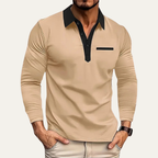 Dama Washington Bram men's fitted polo shirt cream black collar long sleeve - front view