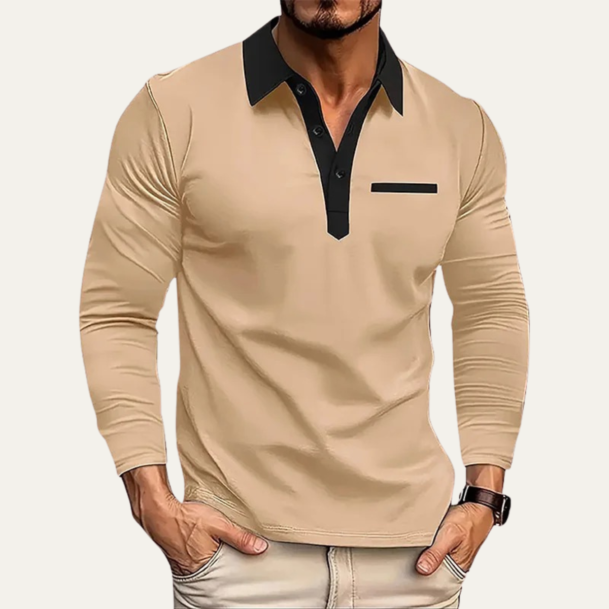 Dama Washington Bram men's fitted polo shirt cream black collar long sleeve - front view