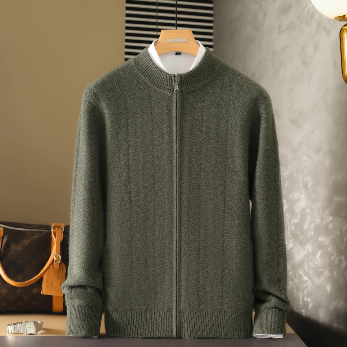 Dama Washington Axel men's crew neck zip up cardigan gray herringbone knit - front view