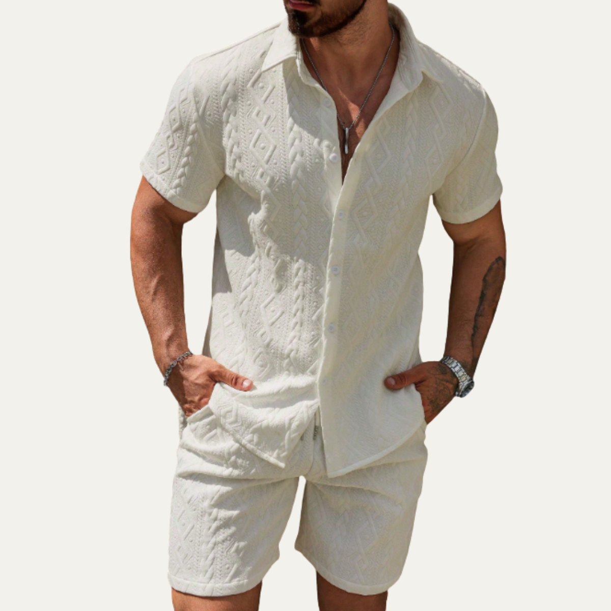 Kai | Men's Textured Cable Knit Sweatsuit Cream Short Sleeve