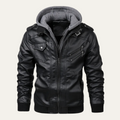 Dama Washington Kai men's leather jacket black hooded zip up - front view