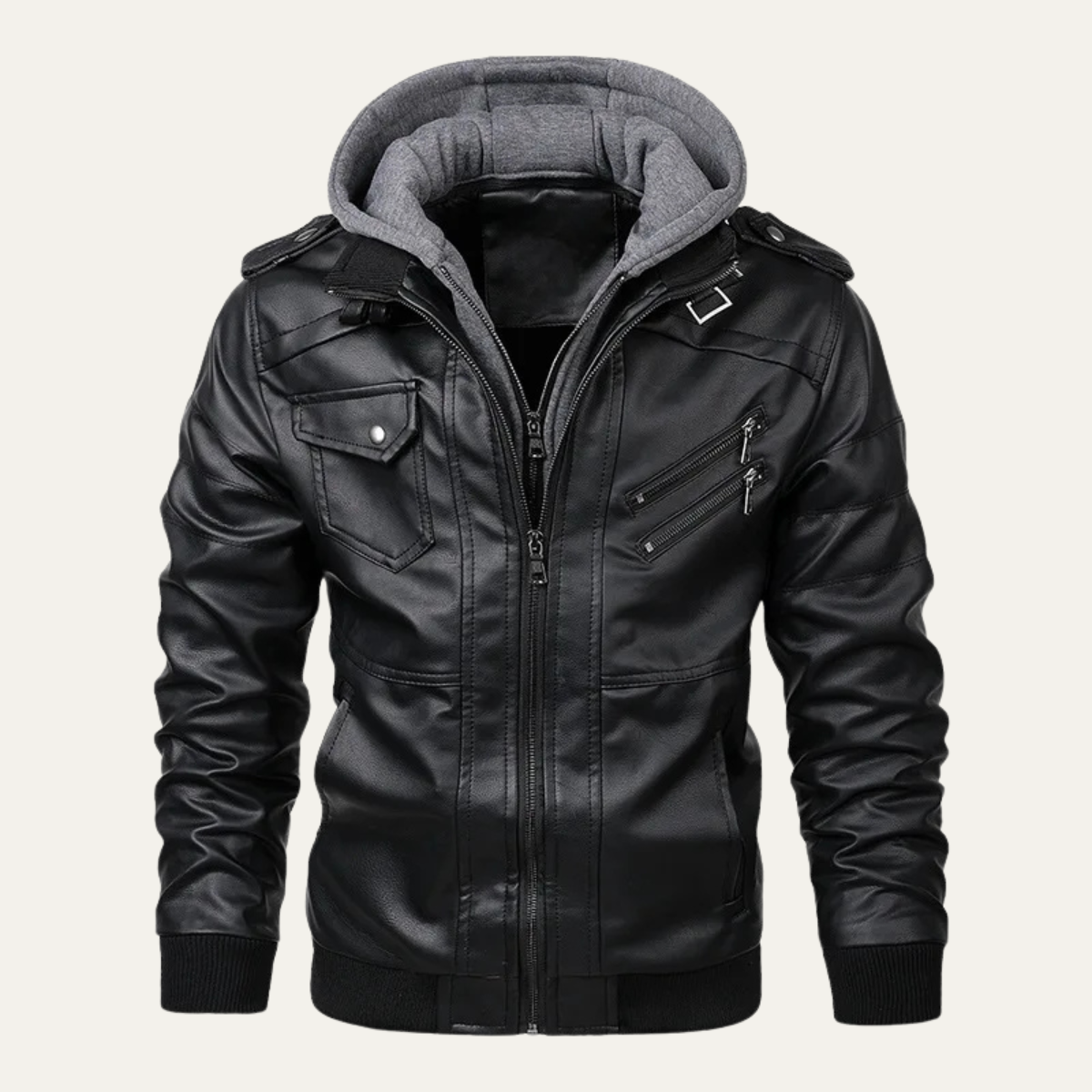 Kai | Men's Leather Jacket Black Hooded Zip Up