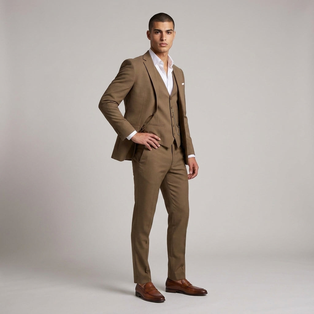 Dama Washington Callum three piece slim fit suit Brown - full outfit model view