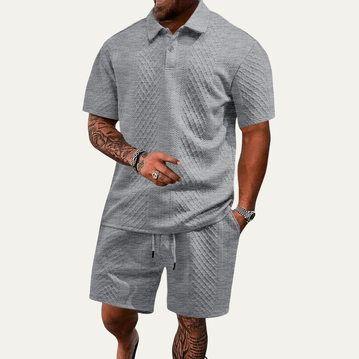 Sage | Men's Casual Textured Polo Shorts Set Black