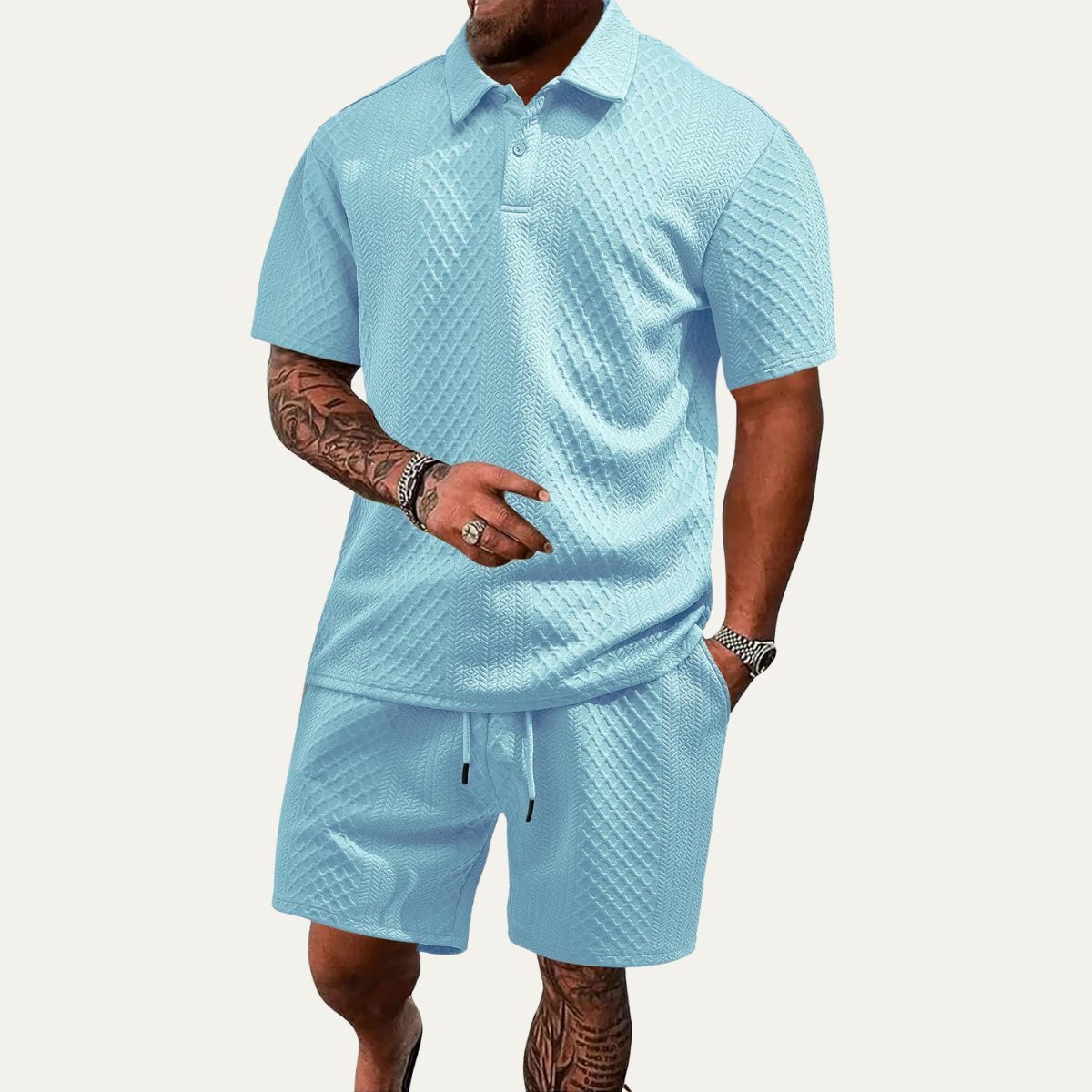 Sage | Men's Casual Textured Polo Shorts Set Black
