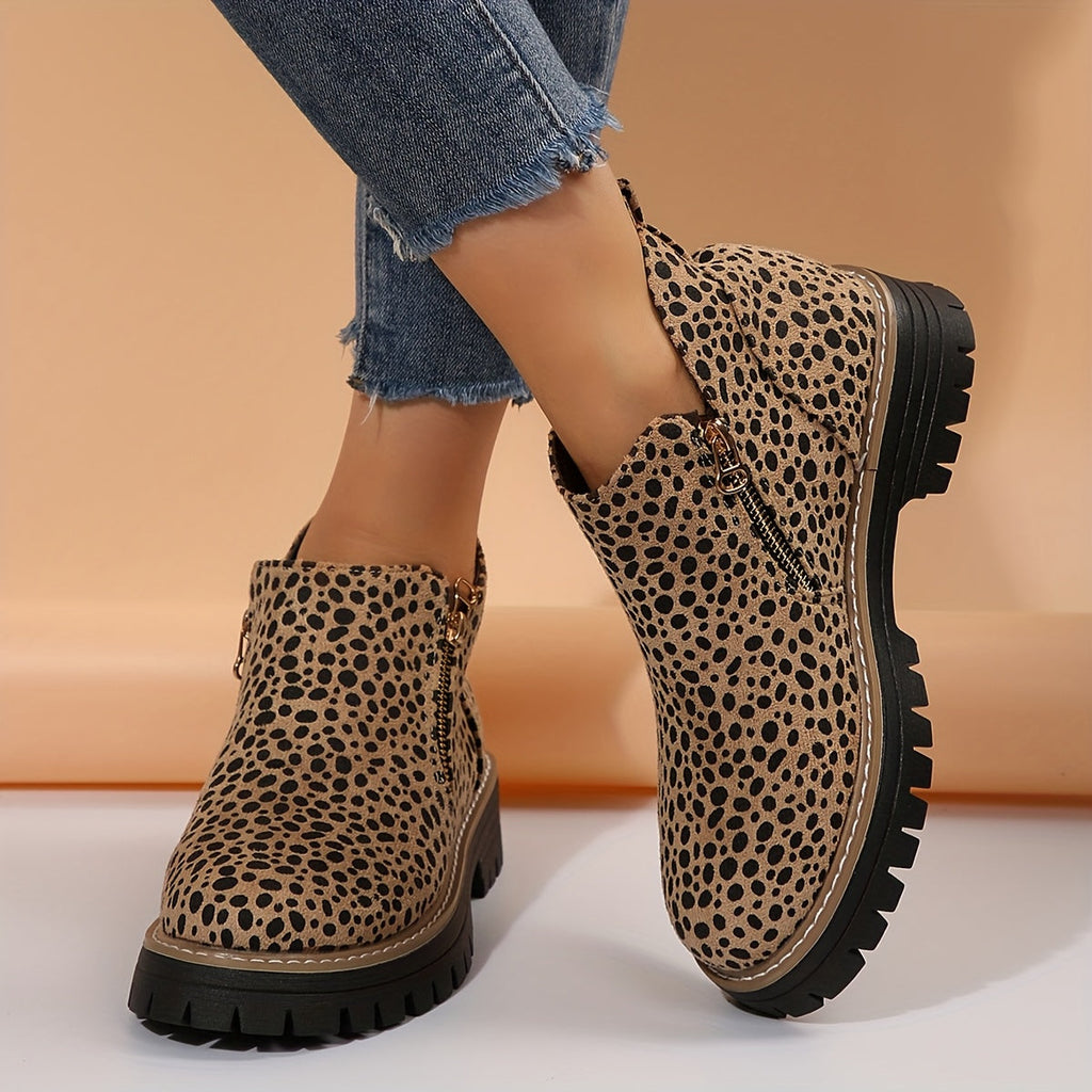 Dama Washington Nina women's leopard print ankle boots black lug sole - front view