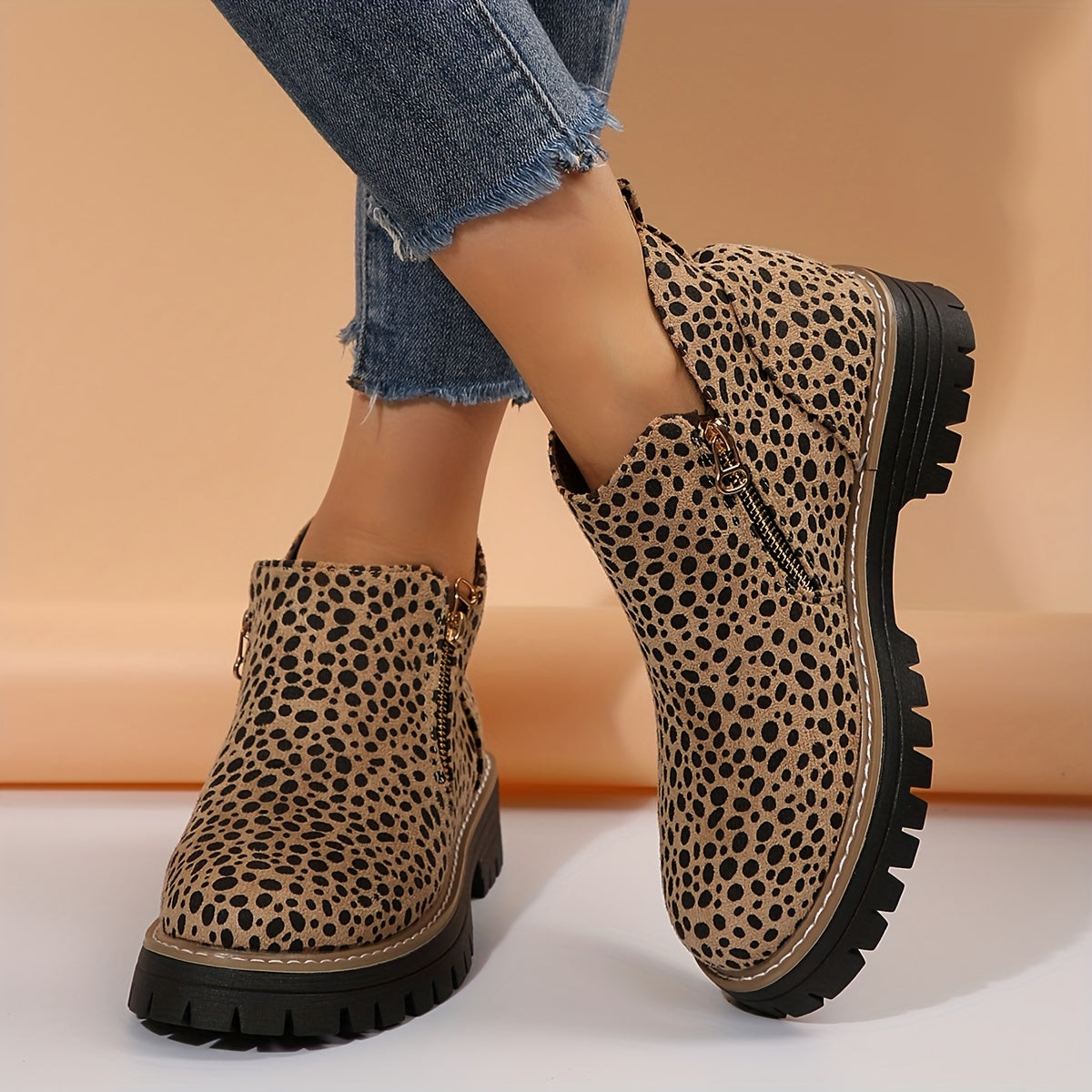 Nina | Women's Leopard Print Ankle Boots Black Lug Sole