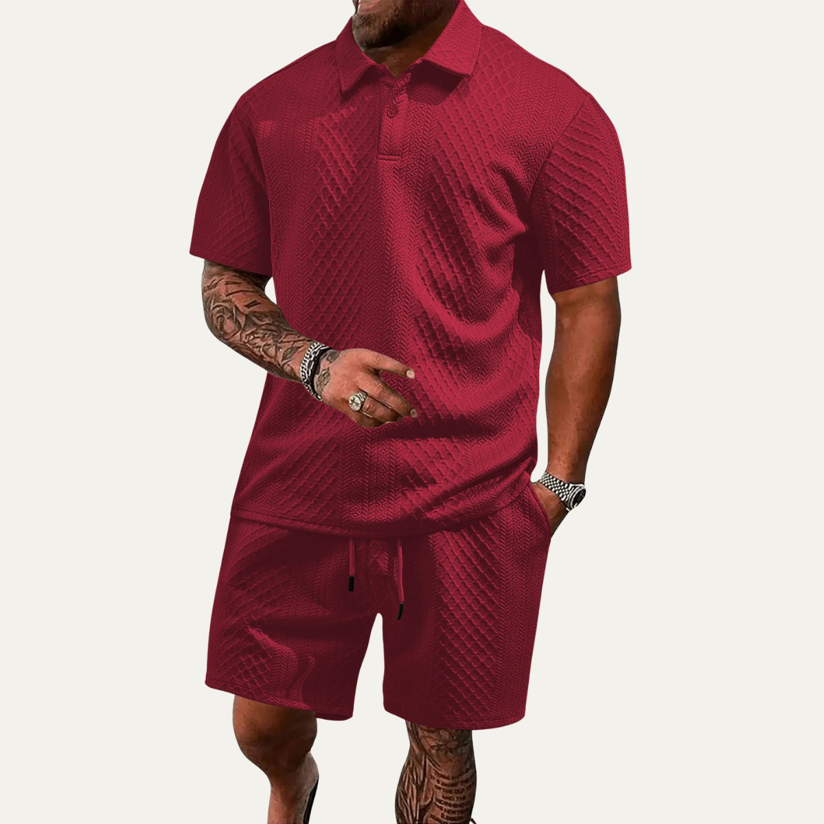 Sage | Men's Casual Textured Polo Shorts Set Black
