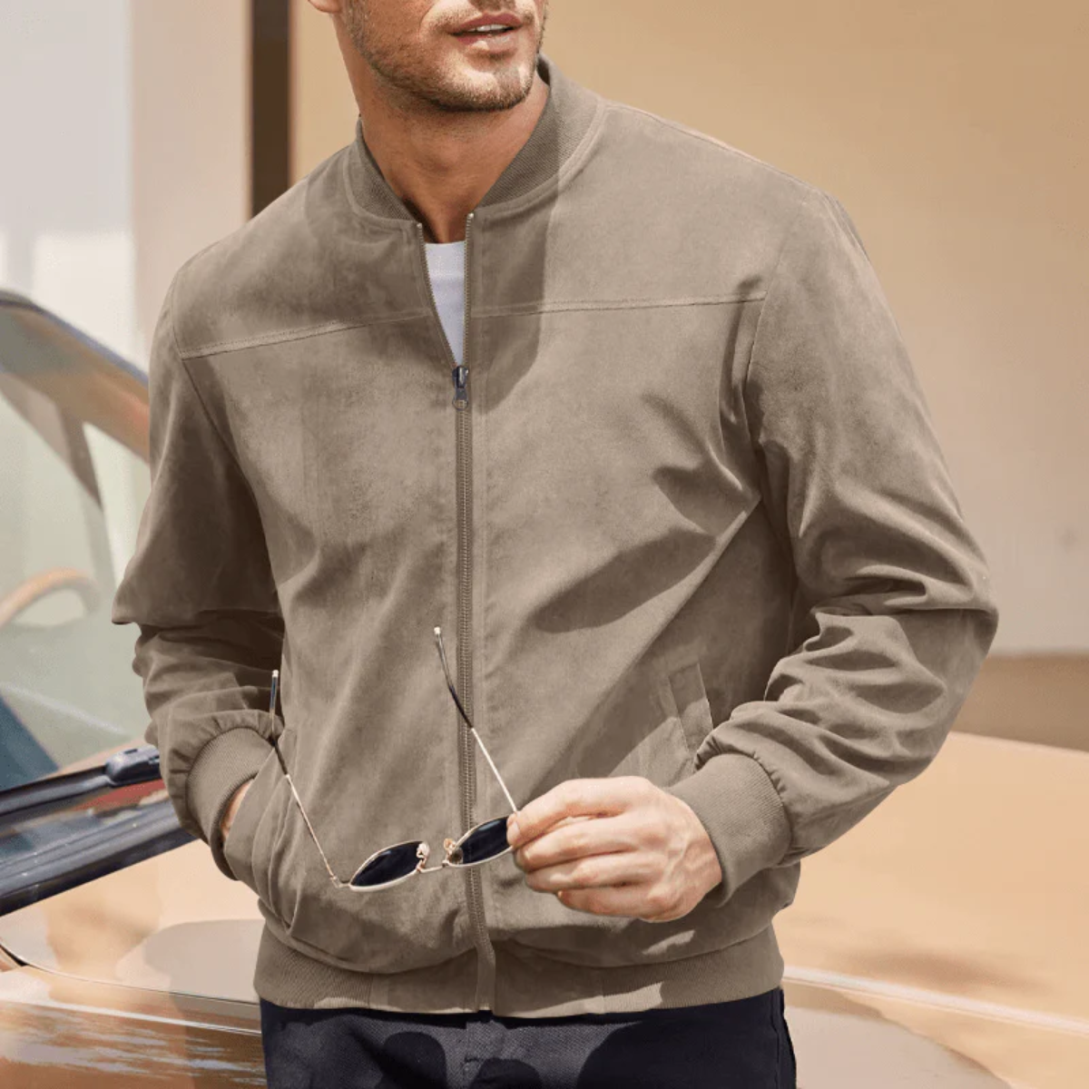 Axel | Men's Casual Suede Bomber Jacket Olive Green