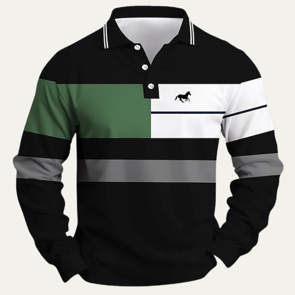 Dama Washington Ezra men's striped color block polo shirt black green white - front view