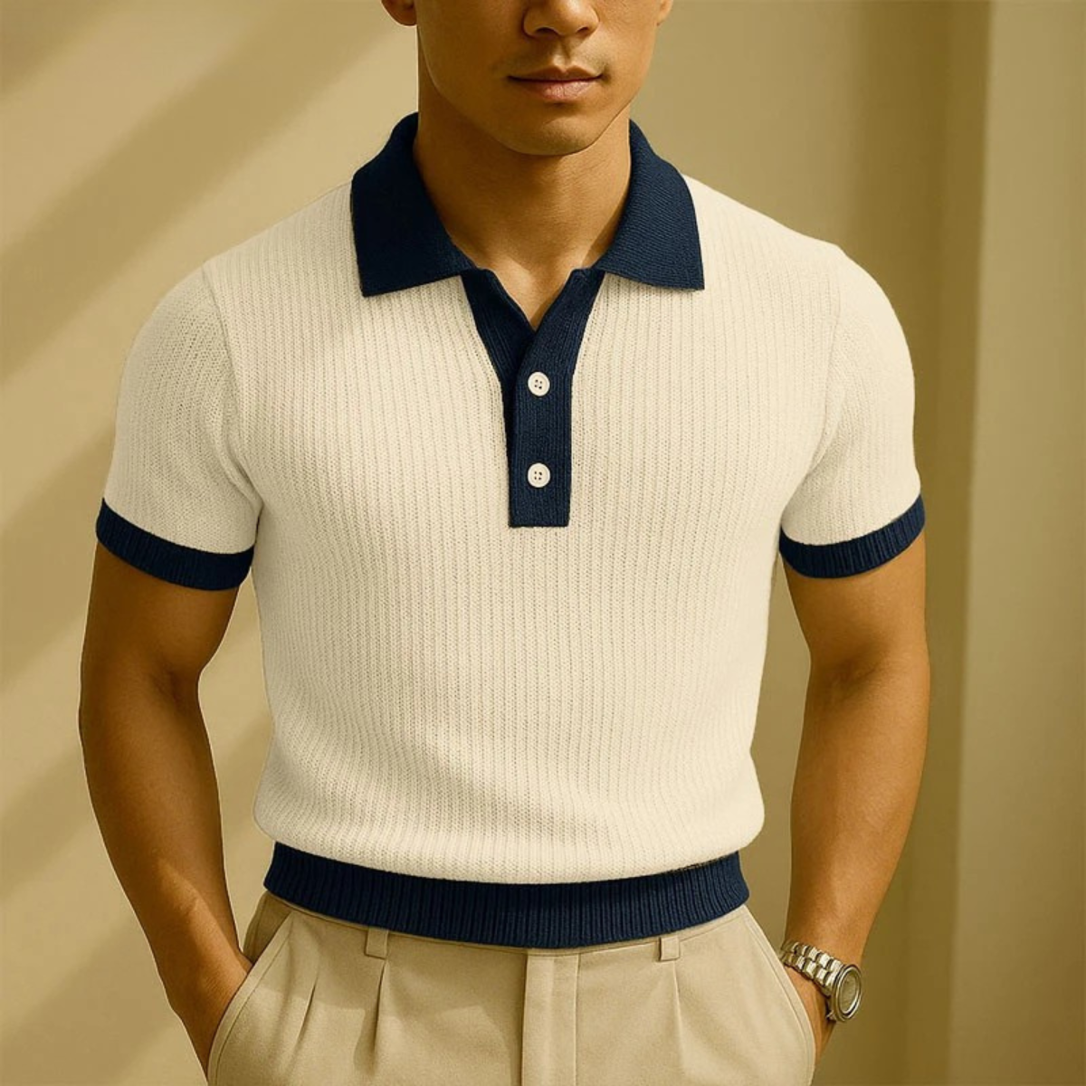 Beau | Men's Ribbed Polo Shirt Cream Navy Colorblock Short Sleeve