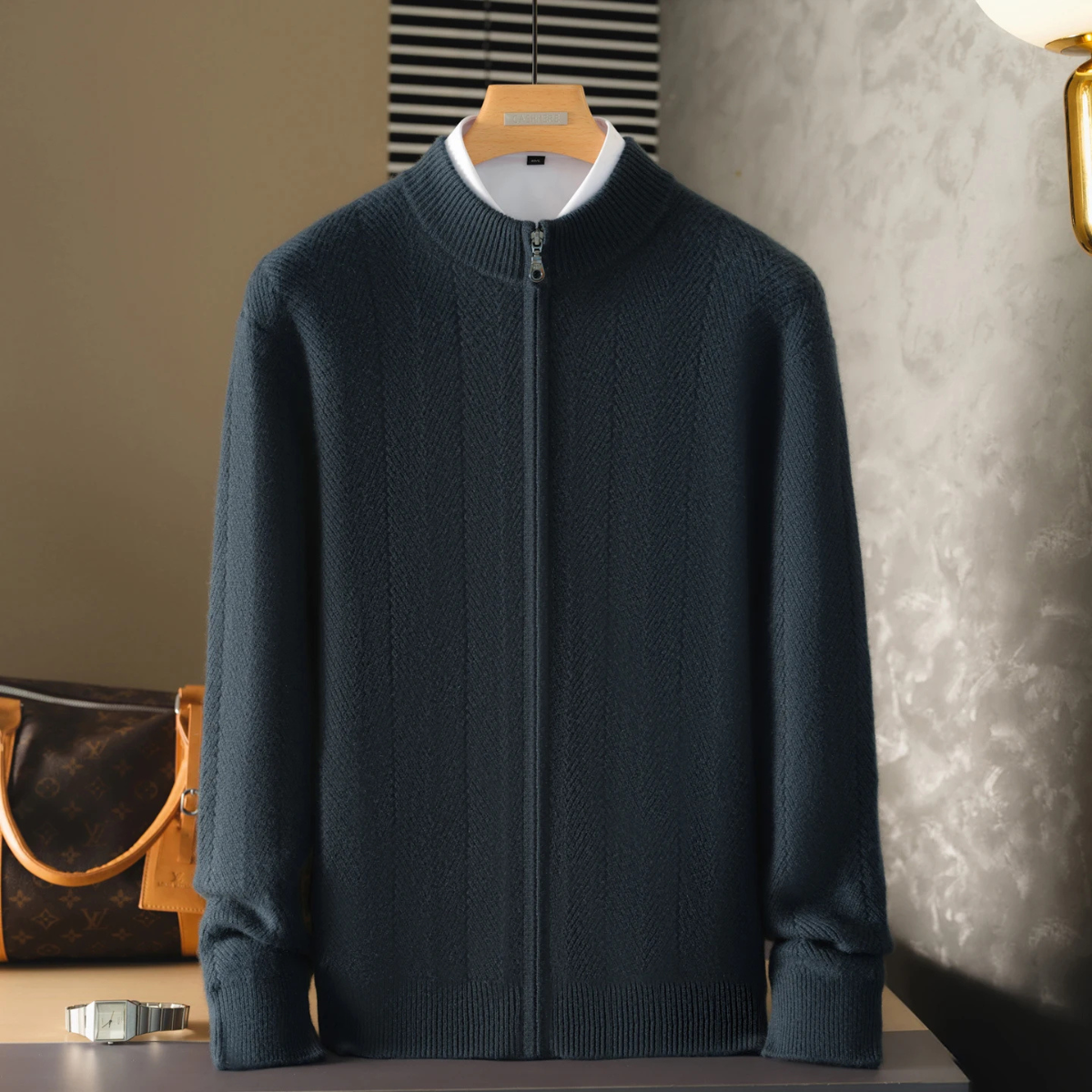 Dama Washington Axel men's crew neck zip up cardigan gray herringbone knit - view 2
