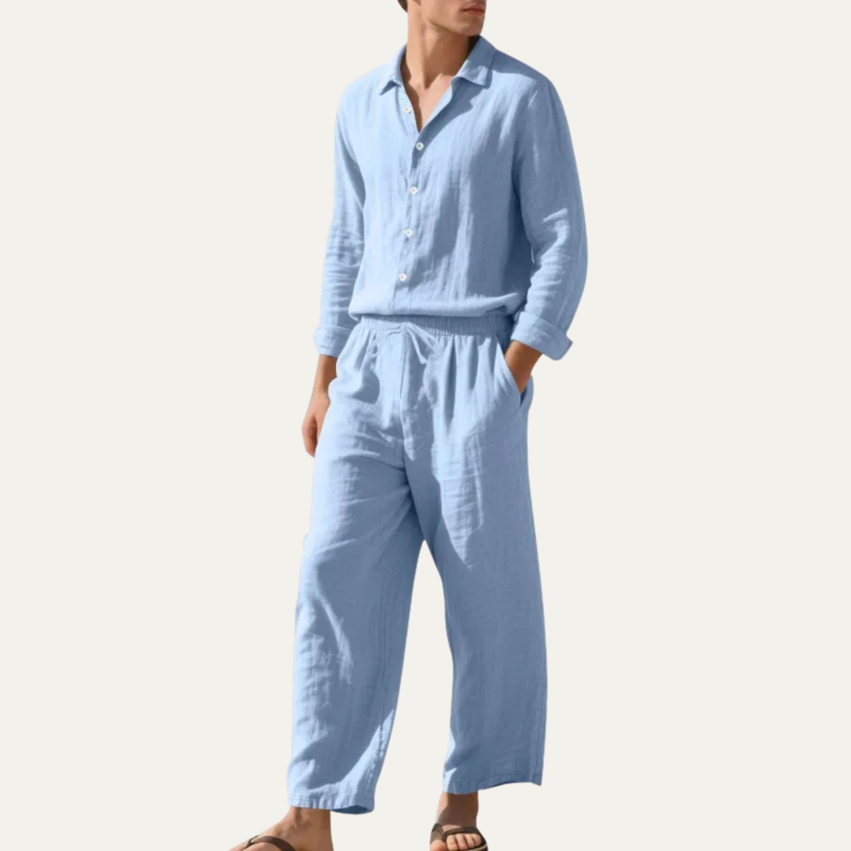 Beau | Men's Linen Lounge Set Gray Long Sleeve Shirt Wide Leg Pants