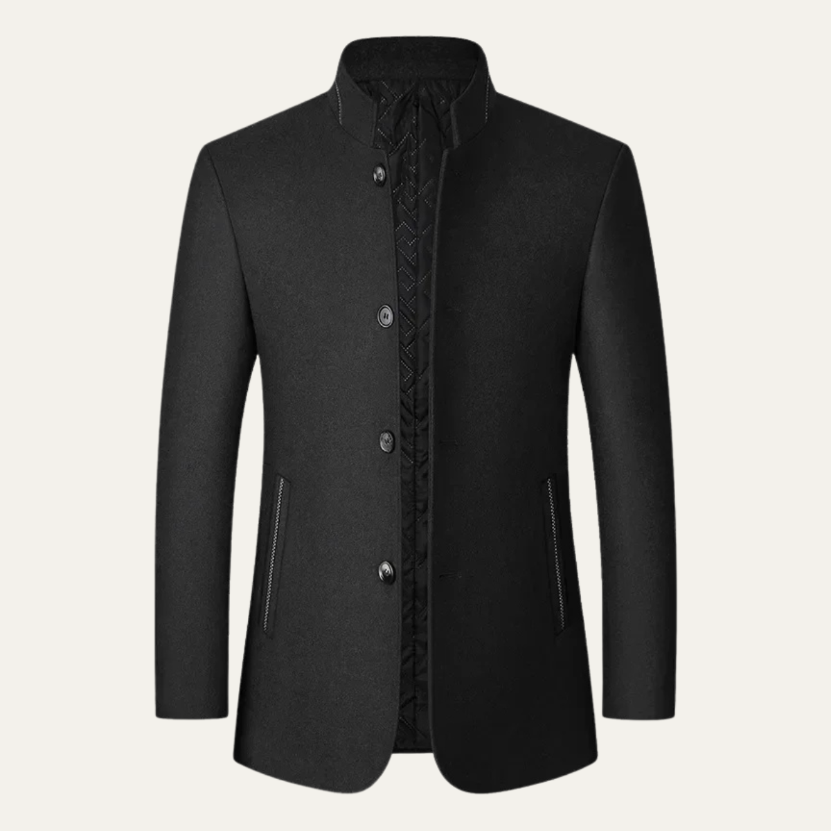 Leo | Men's Wool Coat Black Stand Collar Button Front