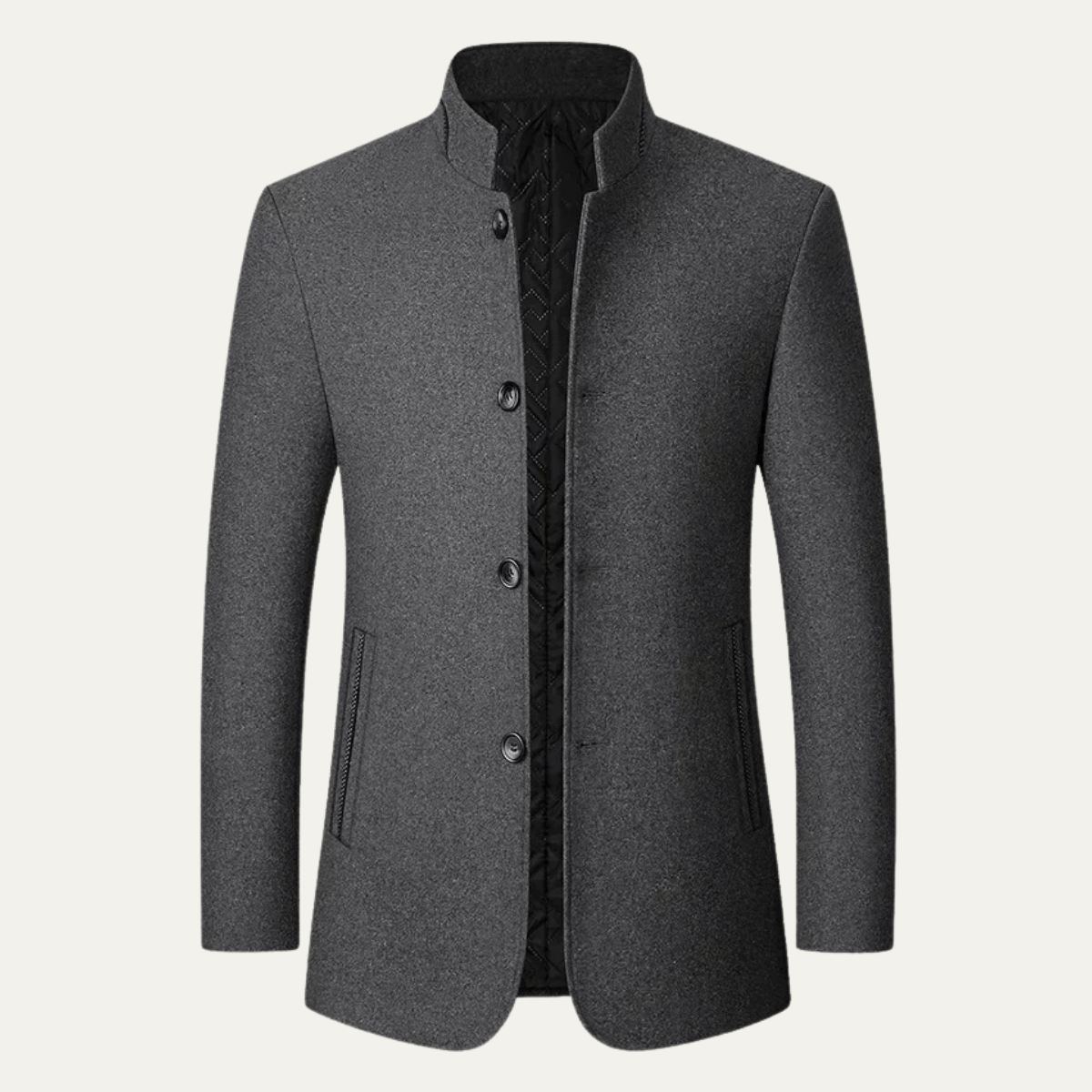 Leo | Men's Wool Coat Black Stand Collar Button Front