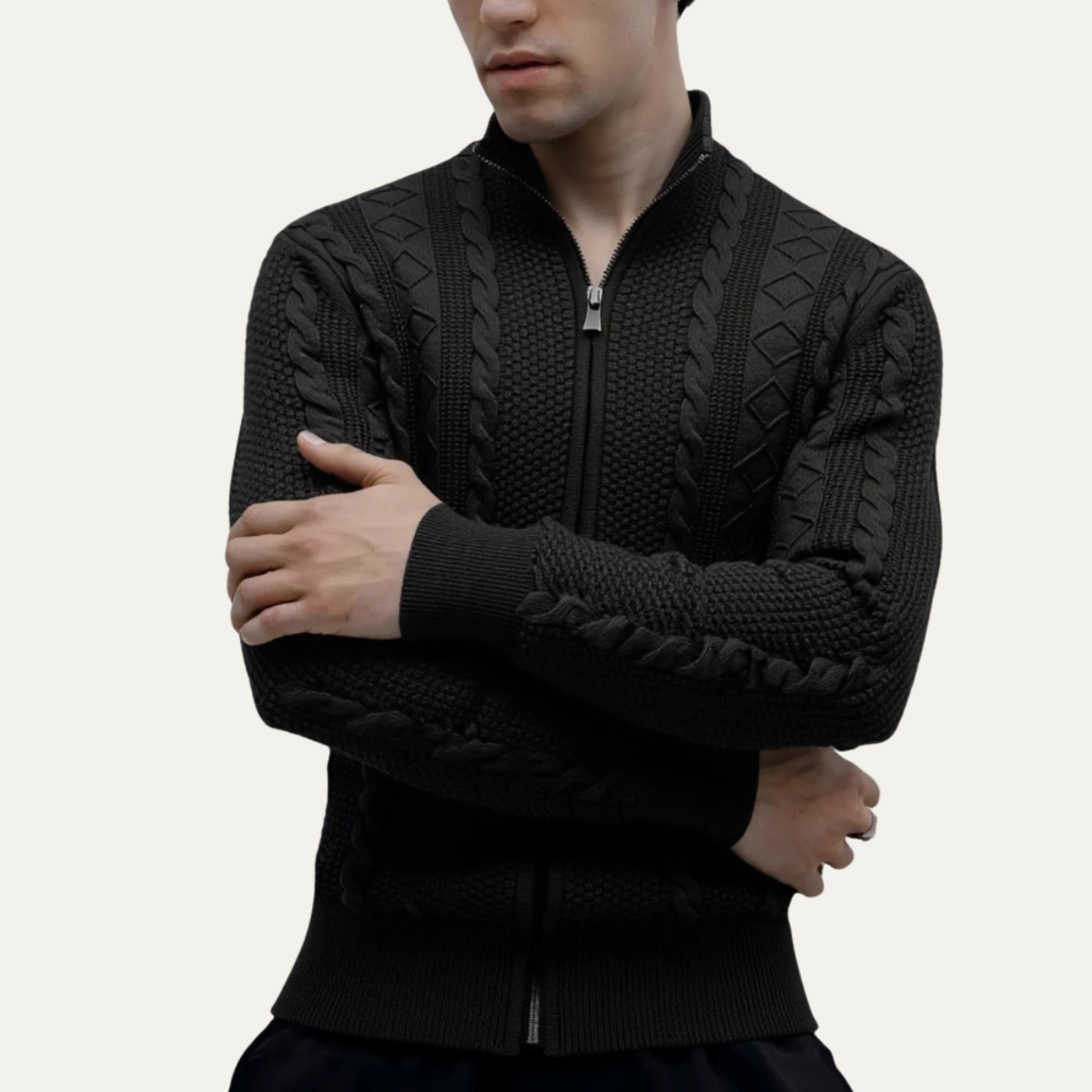 Bram | Men's Cable Knit Zip Up Cardigan Black