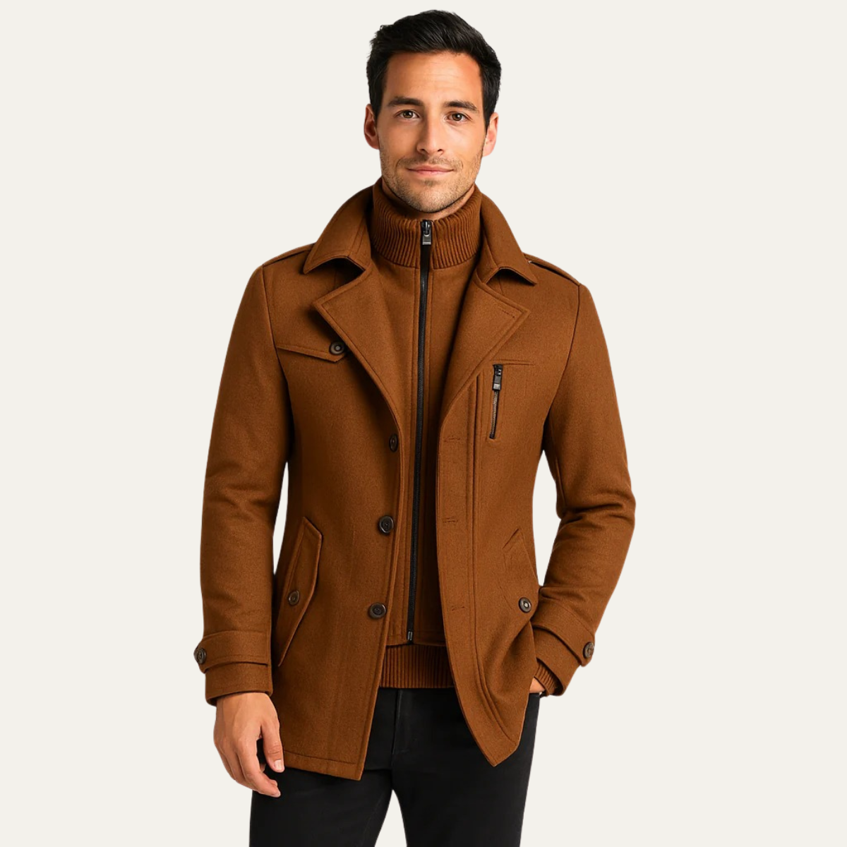 Axel | Men's Wool Blend Coat Camel With Ribbed Collar