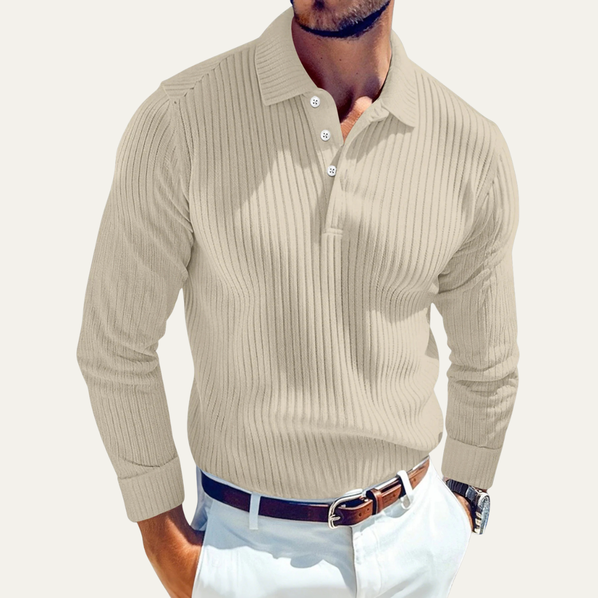 Beau | Men's Ribbed Long Sleeve Polo Shirt Cream