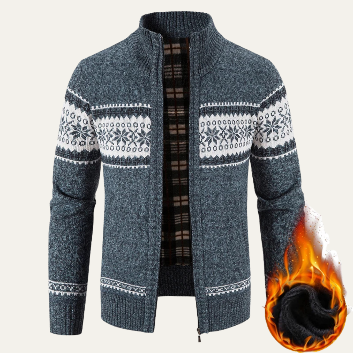 Ezra | Men's Fleece Lined Cardigan Gray White Snowflake Zip Up