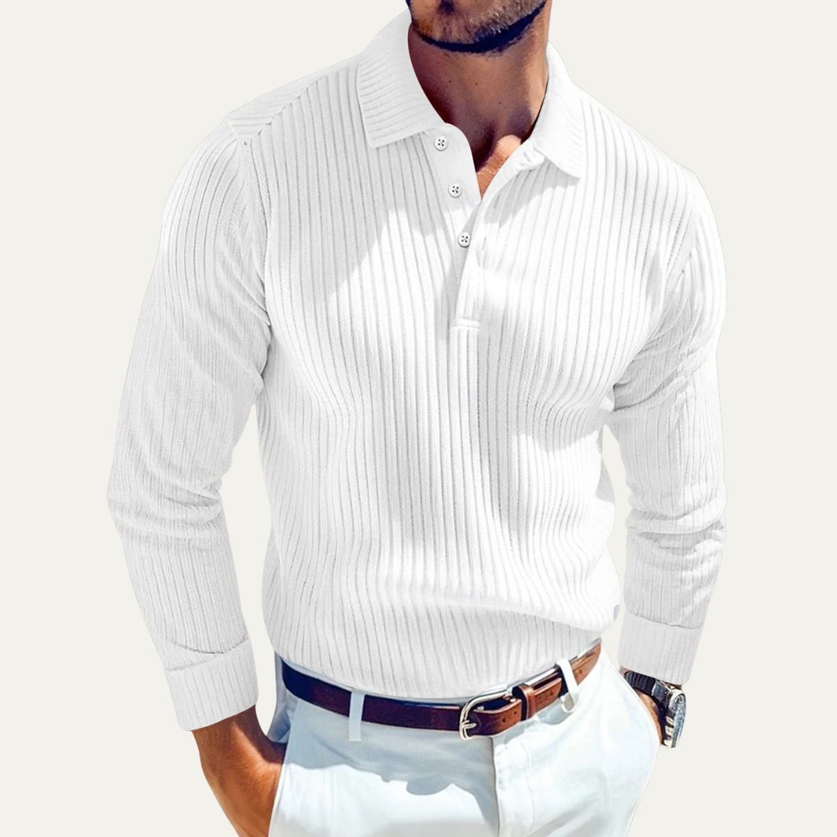 Beau | Men's Ribbed Long Sleeve Polo Shirt Cream