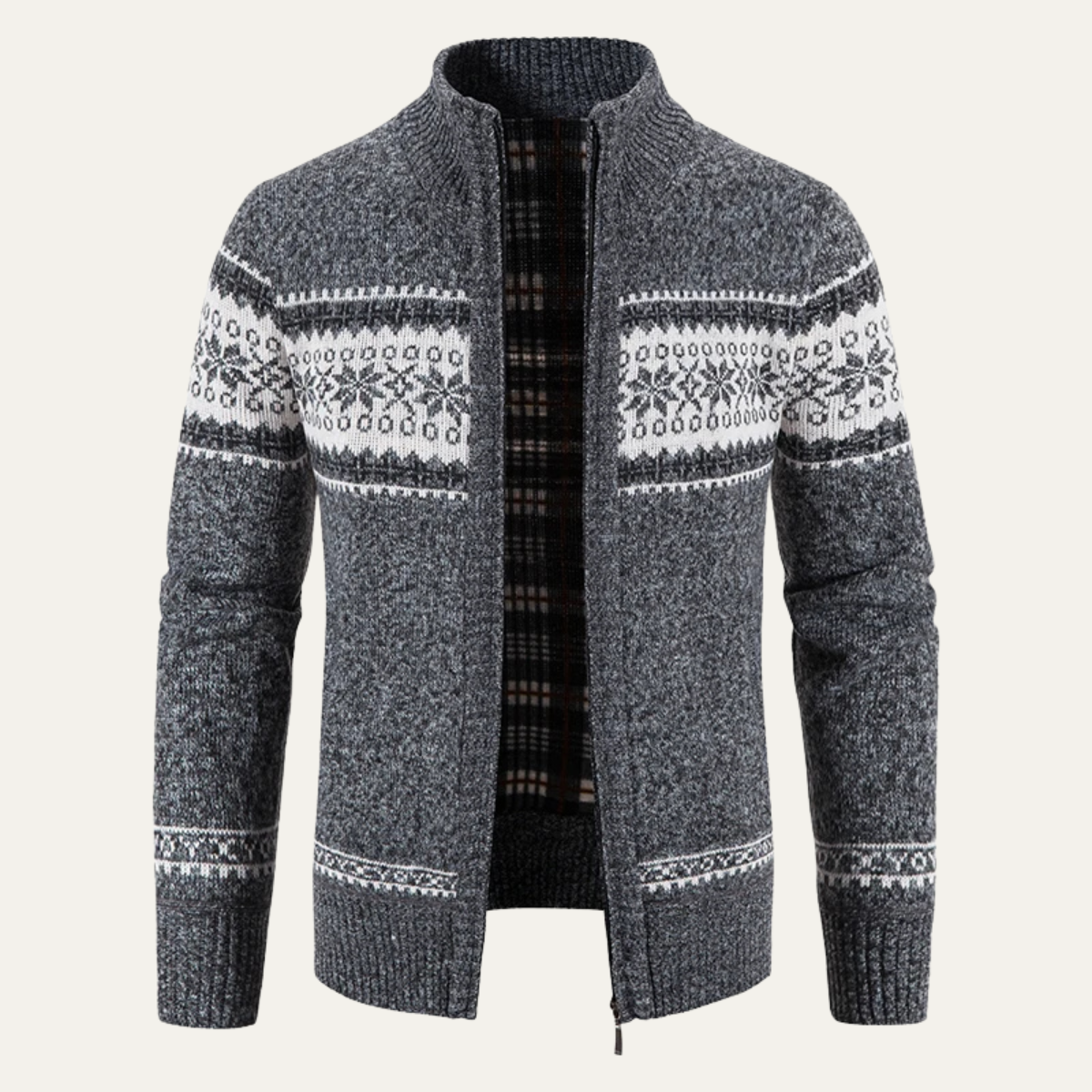 Ezra | Men's Fleece Lined Cardigan Gray White Snowflake Zip Up