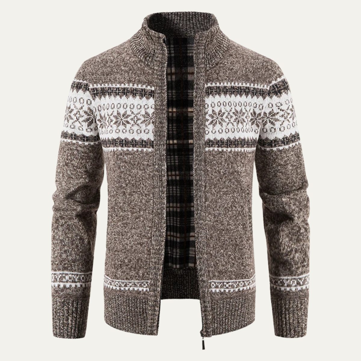 Ezra | Men's Fleece Lined Cardigan Gray White Snowflake Zip Up