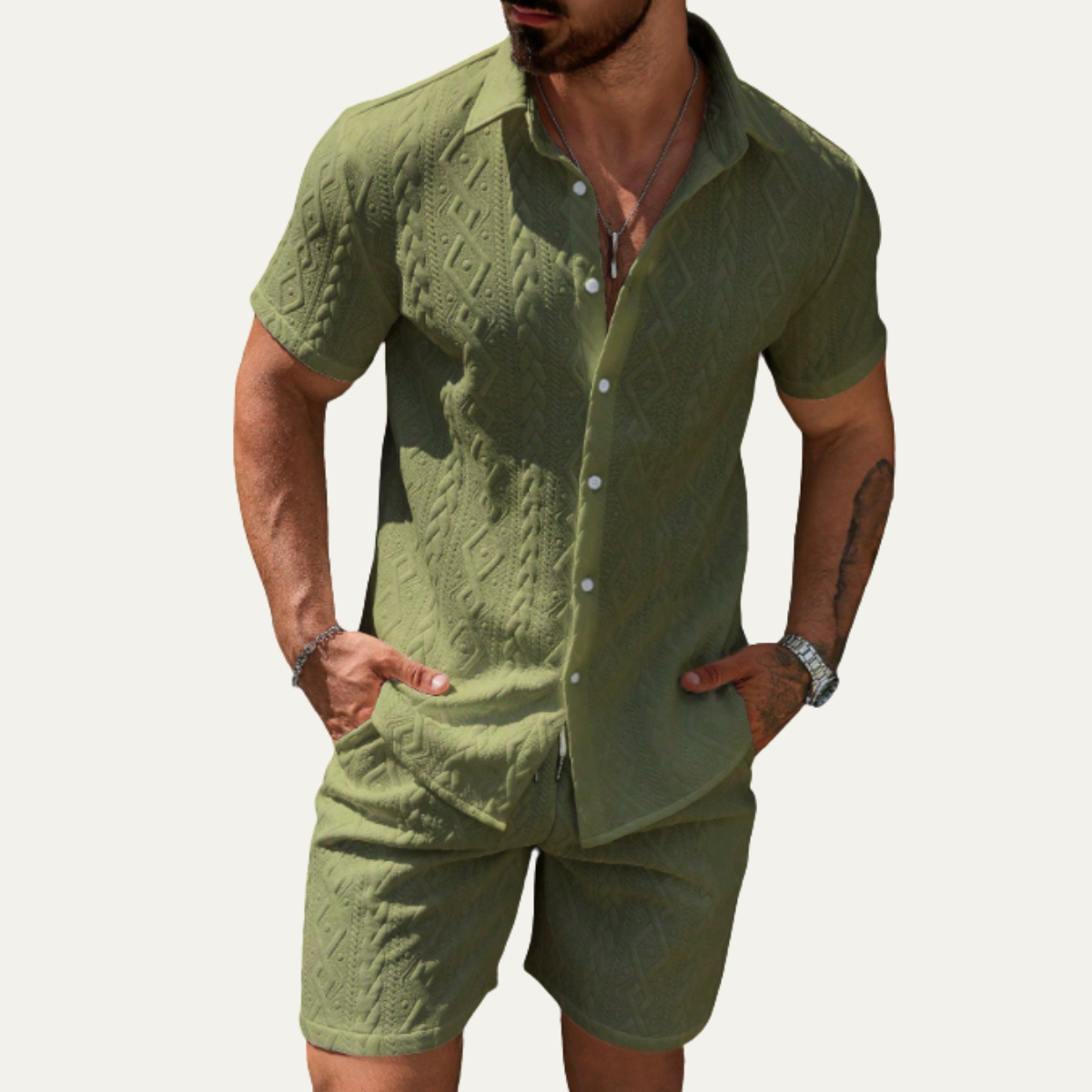 Kai | Men's Textured Cable Knit Sweatsuit Cream Short Sleeve