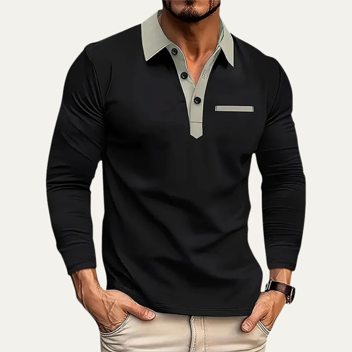Bram | Men's Fitted Polo Shirt Cream Black Collar Long Sleeve