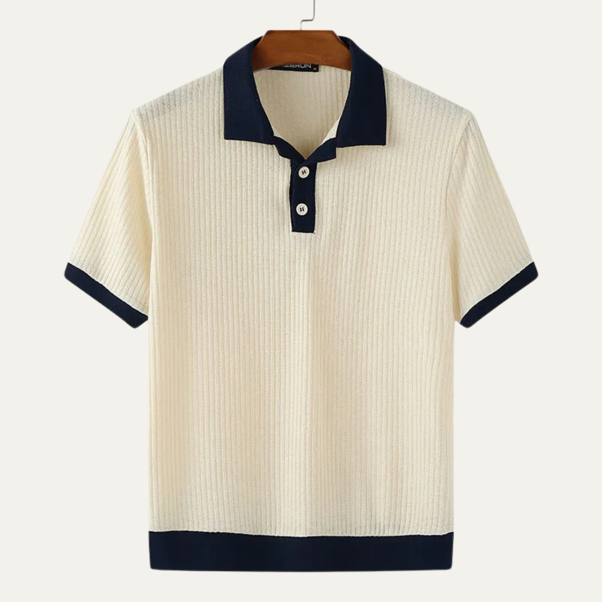 Beau | Men's Ribbed Polo Shirt Cream Navy Colorblock Short Sleeve