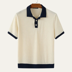 Dama Washington Beau men's ribbed polo shirt cream navy colorblock short sleeve - front view