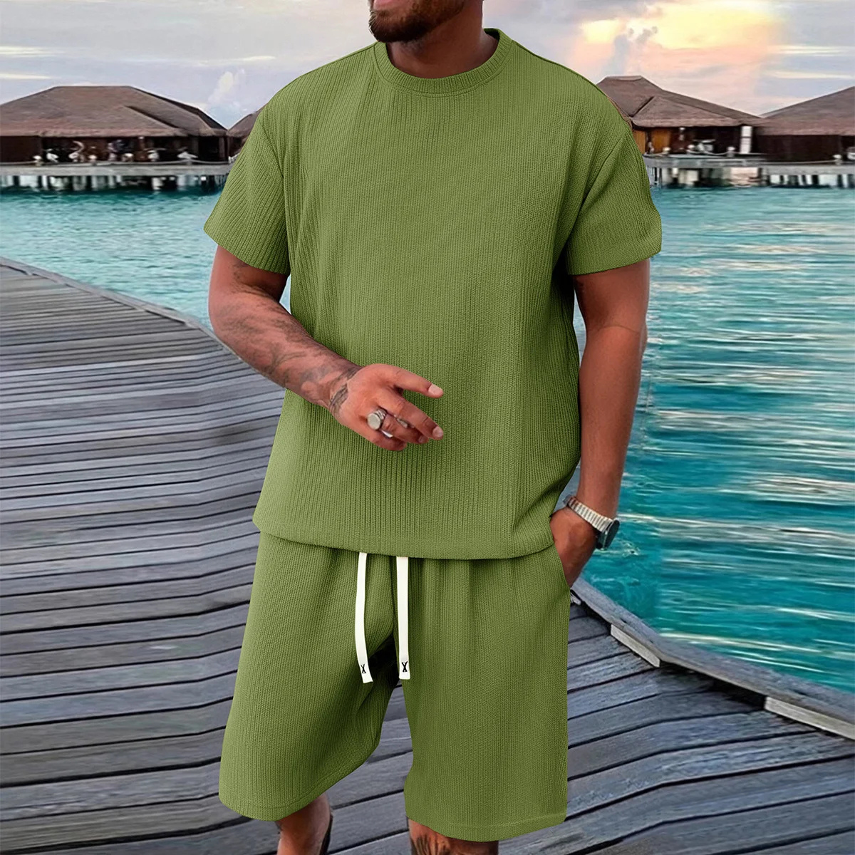 Kade | Men's Sweatsuit Cream Ribbed Knit Short Sleeve