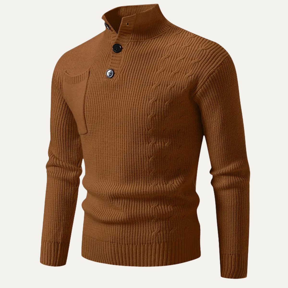 Beau | Men's Cable Knit Mock Neck Sweater Cream Button Collar