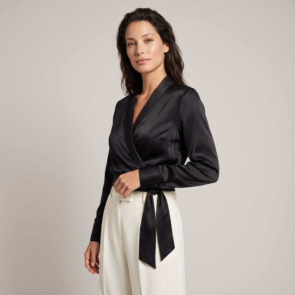 Dama Washington Vera women's satin wrap blouse black long sleeve - model front view