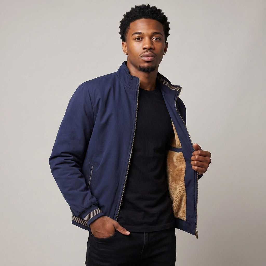 Dama Washington Hugo sherpa lined bomber jacket Navy Blue - model front view