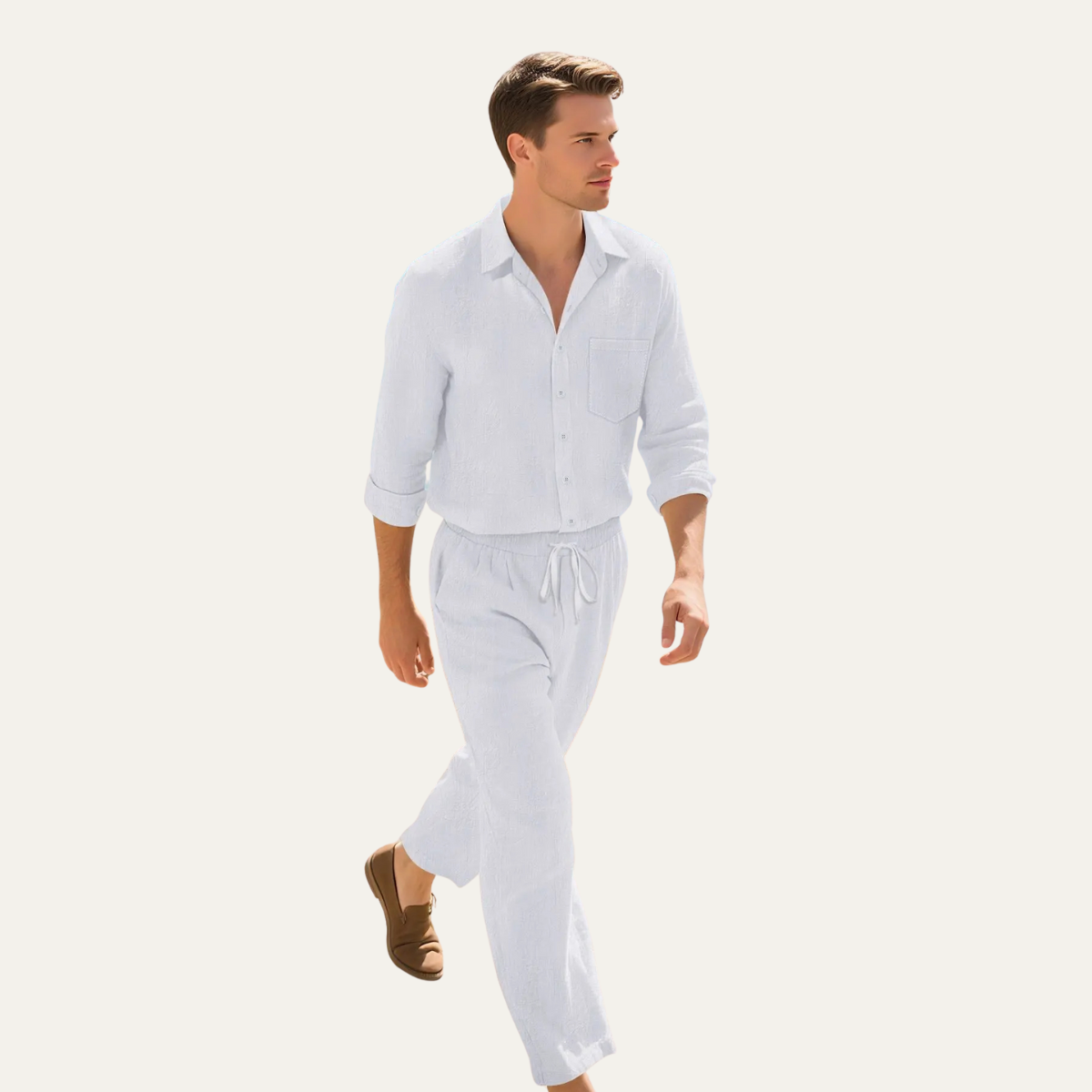 Kai | Men's Linen Shirt And Drawstring Pants Set Cream