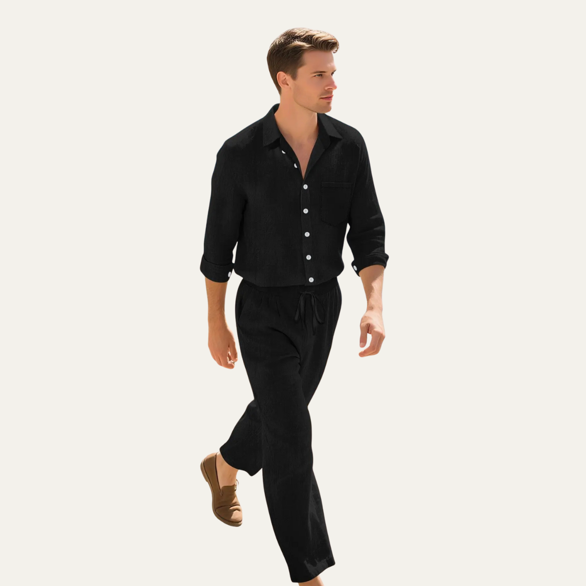 Kai | Men's Linen Shirt And Drawstring Pants Set Cream