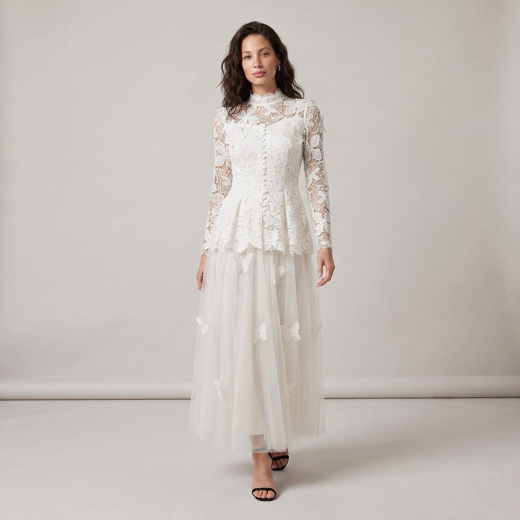 Dama Washington Rue long sleeve lace maxi dress White - full outfit model view