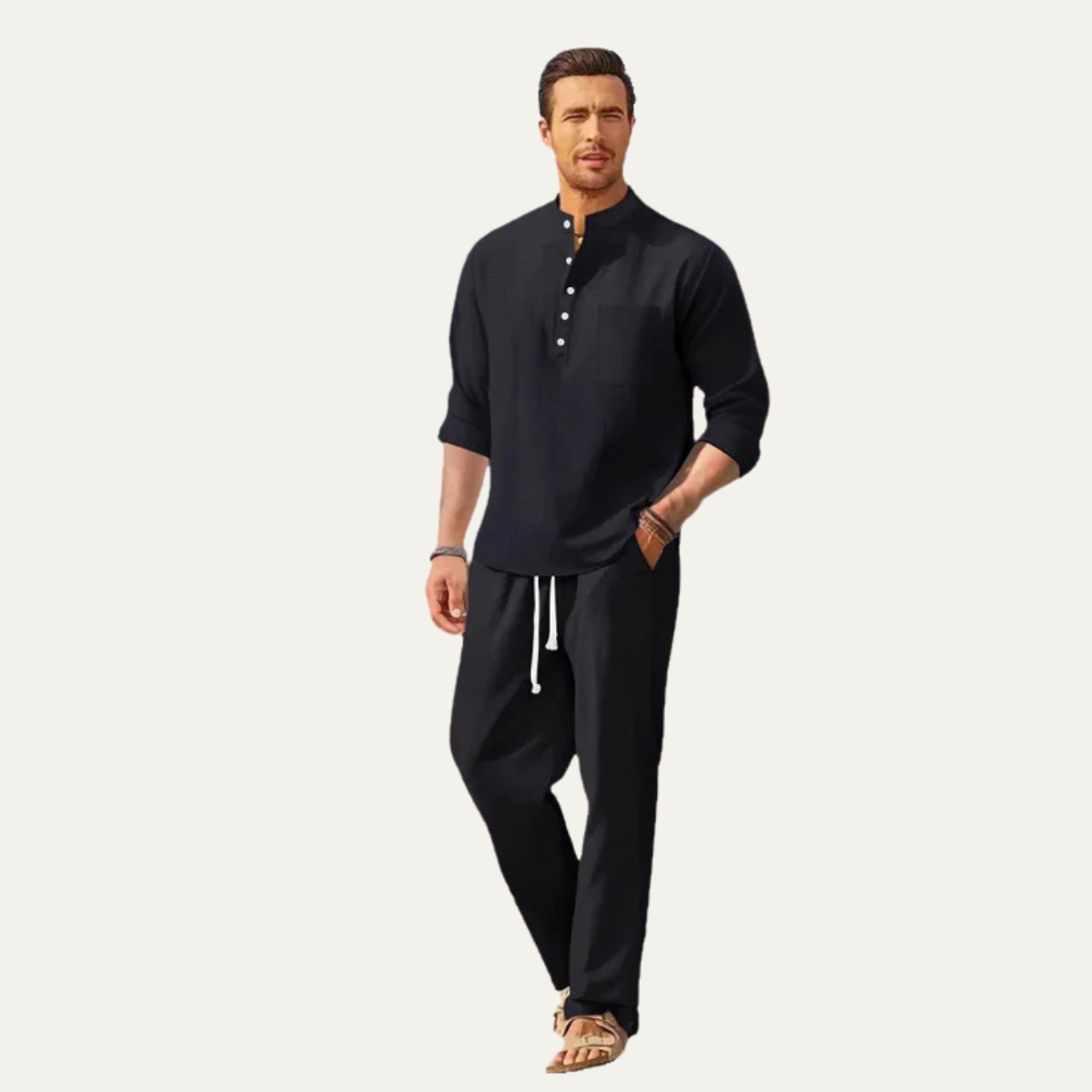 Callum | Men's Casual Henley Shirt Cream Long Sleeve