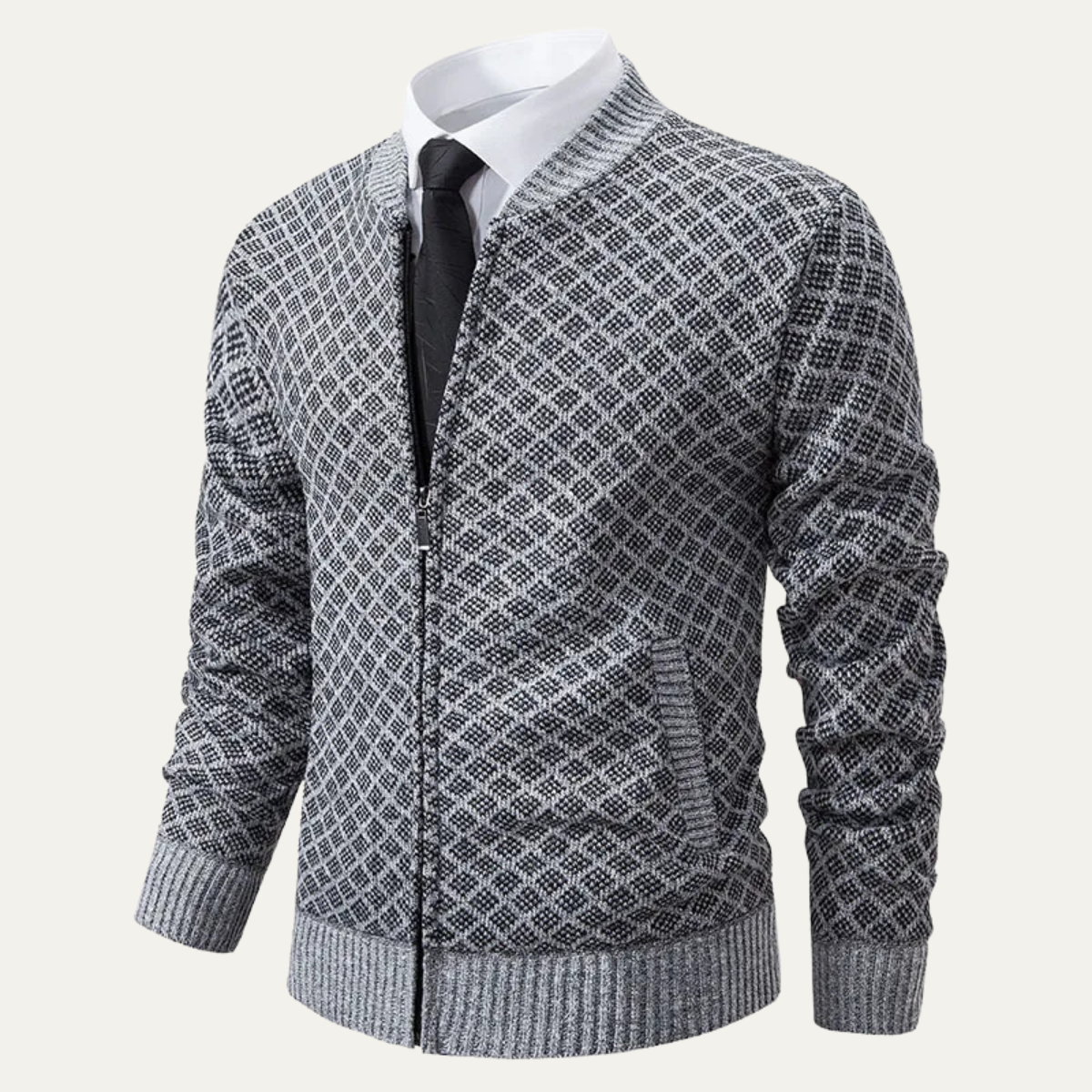 Axel | Men's Diamond Pattern Cardigan Gray Zip Up