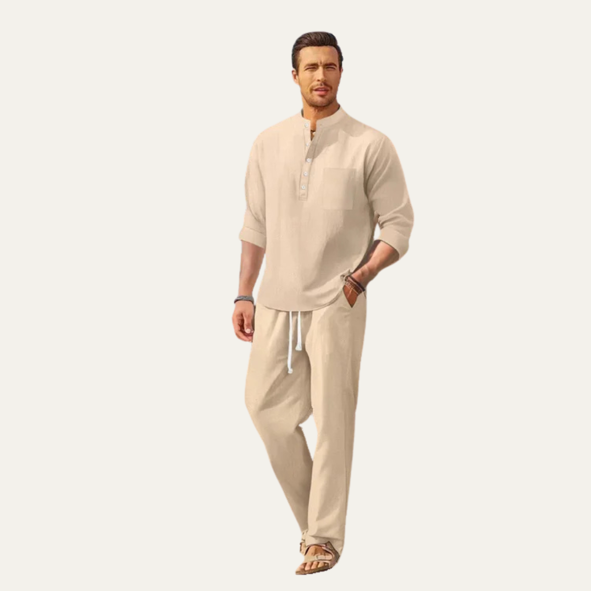 Sage | Men's Henley Shirt Cream Long Sleeve