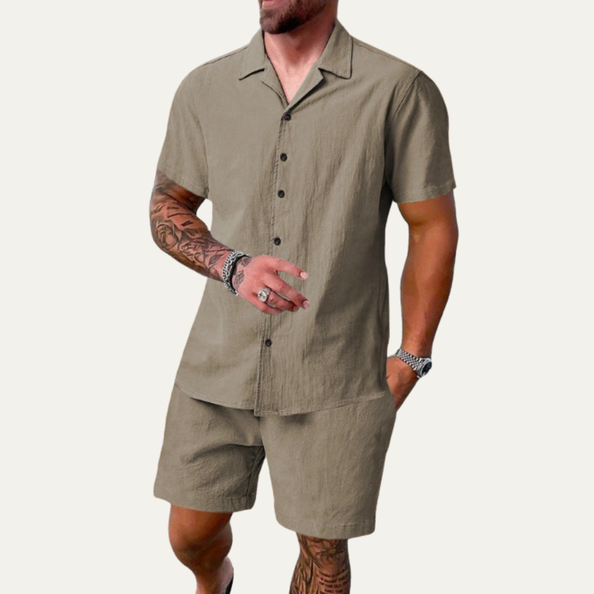 Lars | Men's Casual Button Up Short Sleeve Shirt Shorts Set Gold