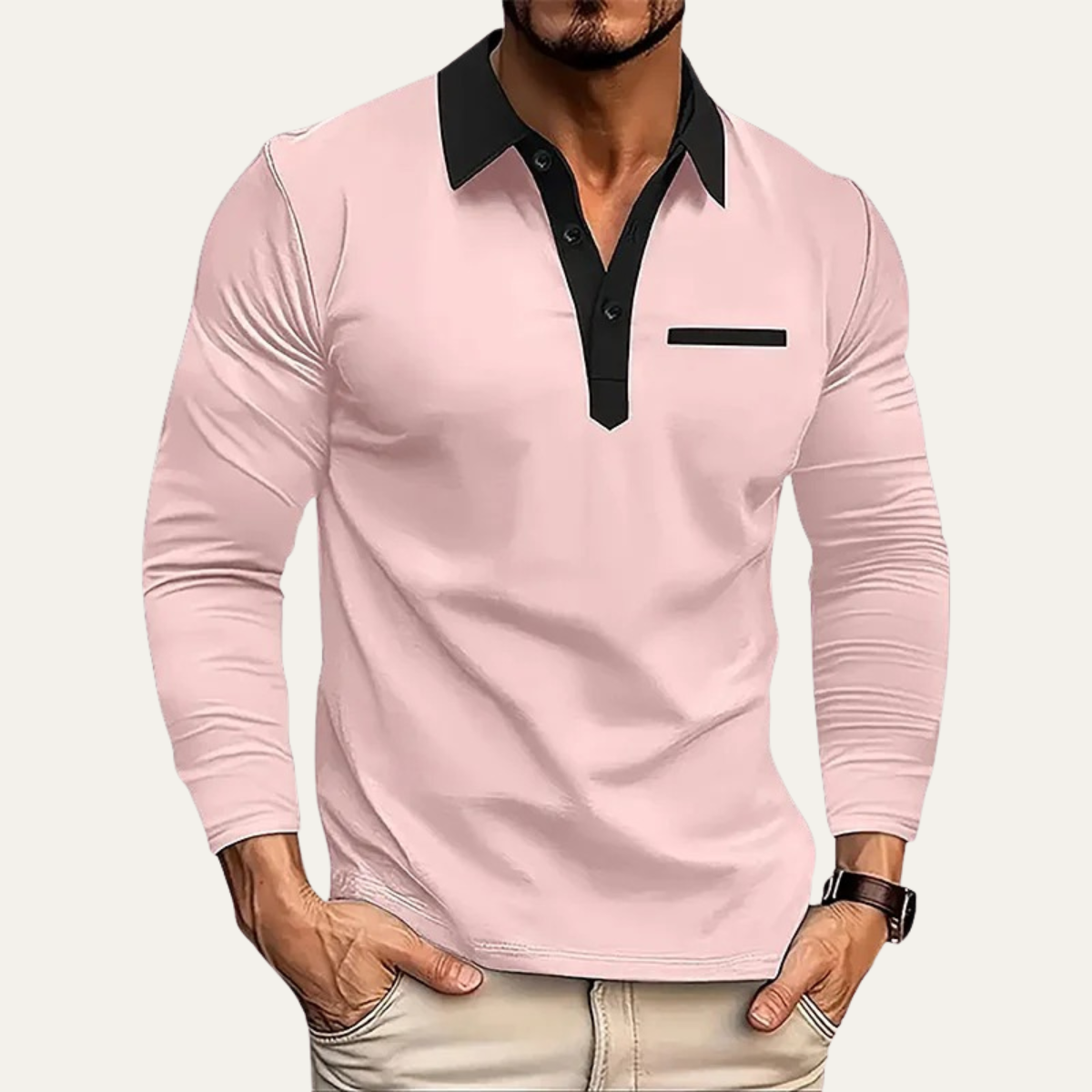Bram | Men's Fitted Polo Shirt Cream Black Collar Long Sleeve