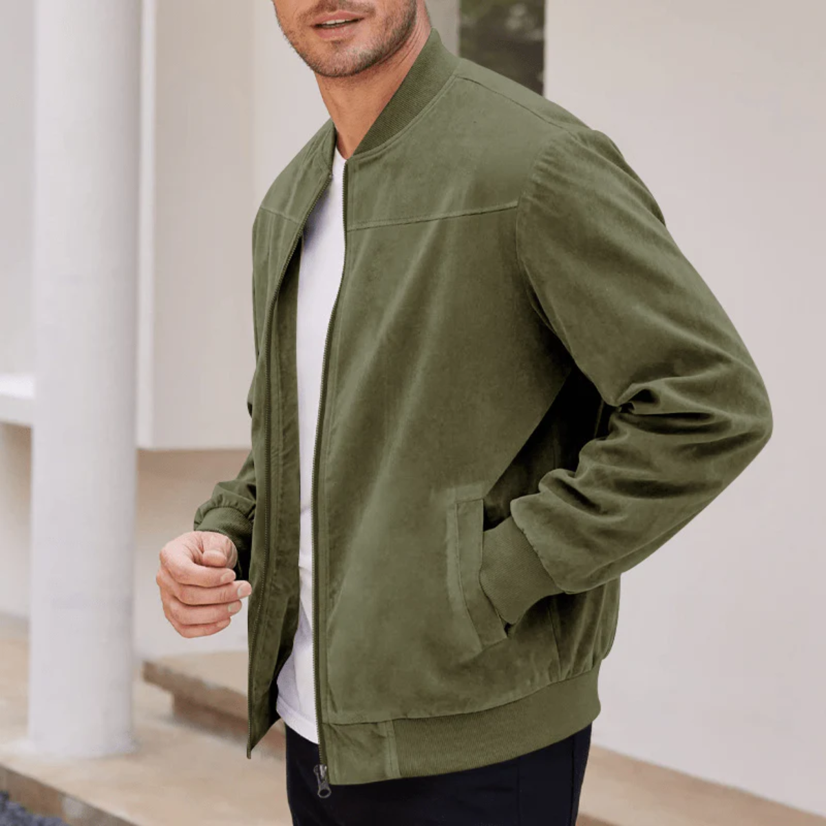 Axel | Men's Casual Suede Bomber Jacket Olive Green