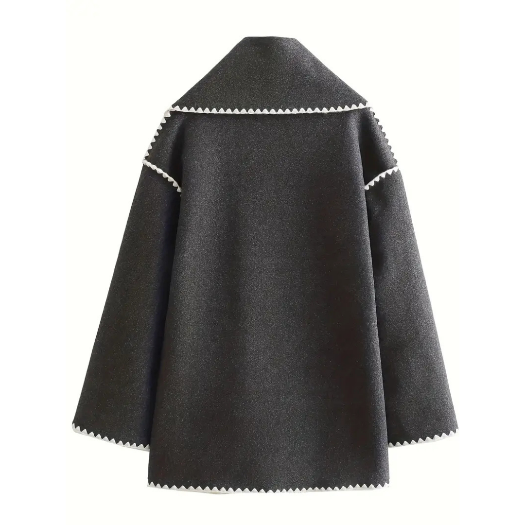 Sable | Women's Wool Coat Cream Black Trim Pocket Detail